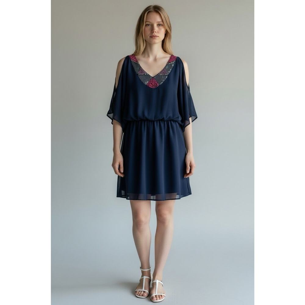 Francescas Mi Ami Women Navy Collar Beaded Dress Cold Shoulder Size S Cocktail